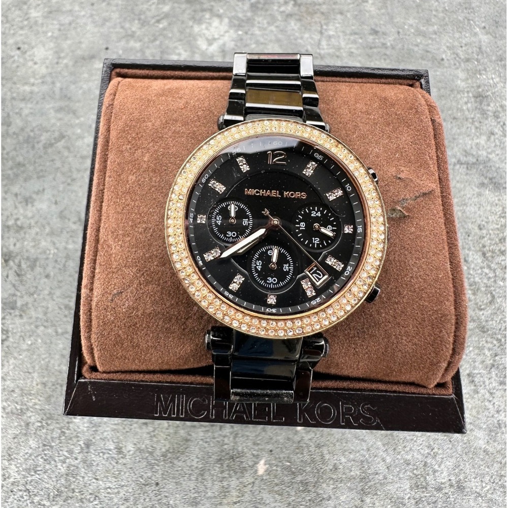 Michael Kors Watch Ritz Black Rose Gold Crystal Chronograph Women Watch Boxed